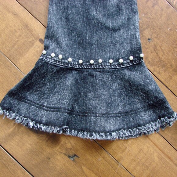 Flare Jeans Pearl Detailing Raw Hem Black Gray Boho Hippie Festival Wide Leg 6 - Picture 14 of 15